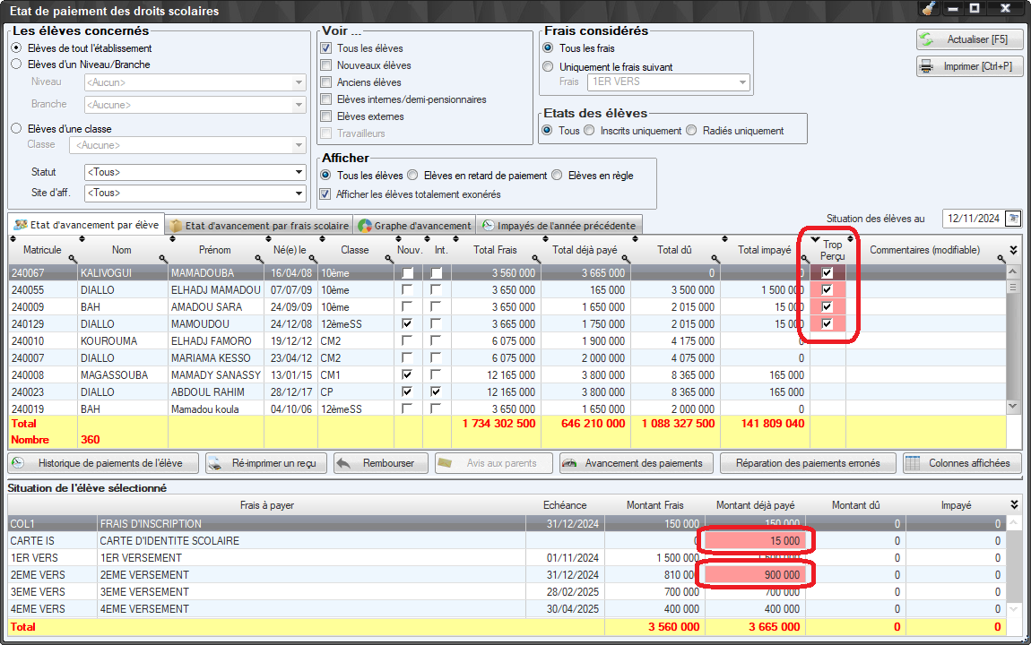 Etat de paiement - Elèves avec trop perçus